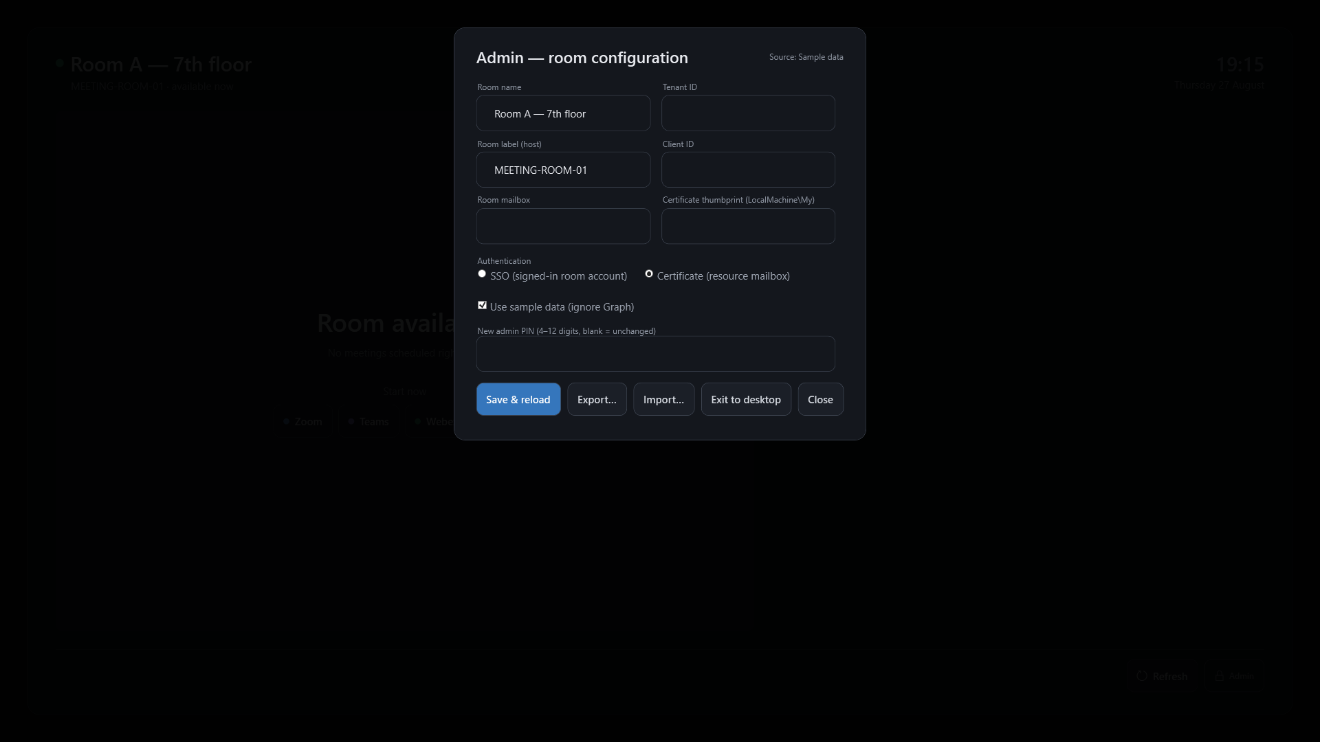 RoomStart admin panel: room name, resource mailbox, authentication mode, PIN, configuration export and import.