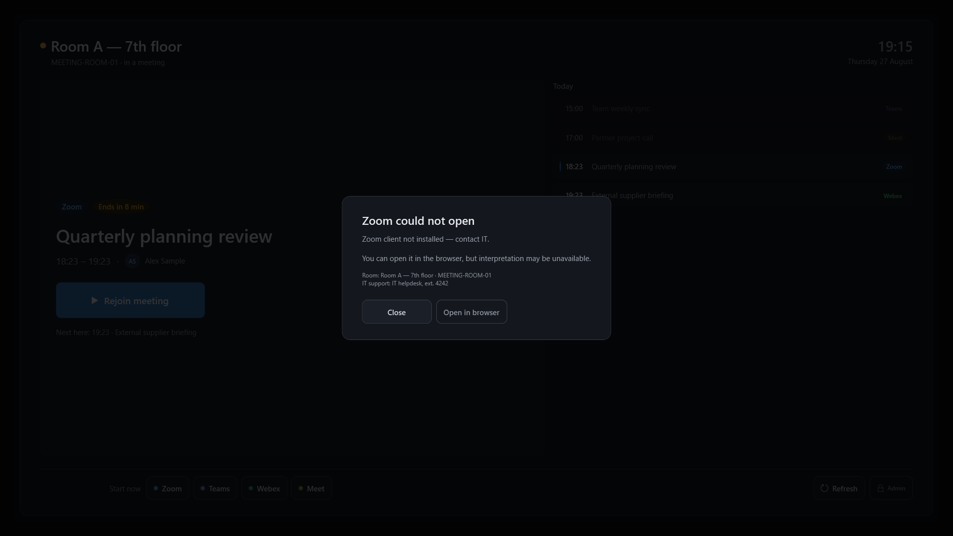 RoomStart message: the Zoom client is not installed, with the support contact and an explicit browser fallback.
