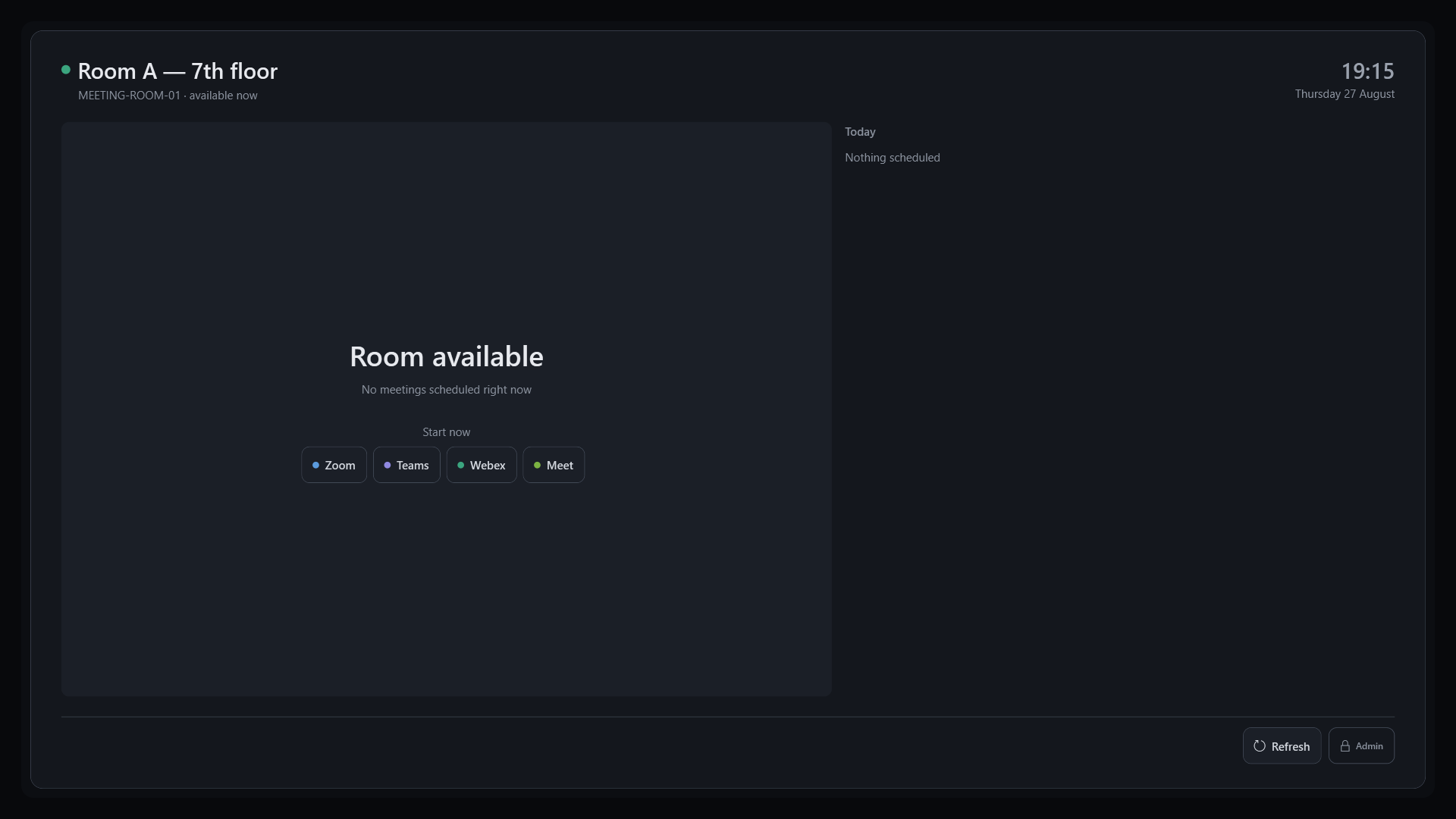 RoomStart when the room is free, with the start-now row for Zoom, Teams, Webex and Meet.