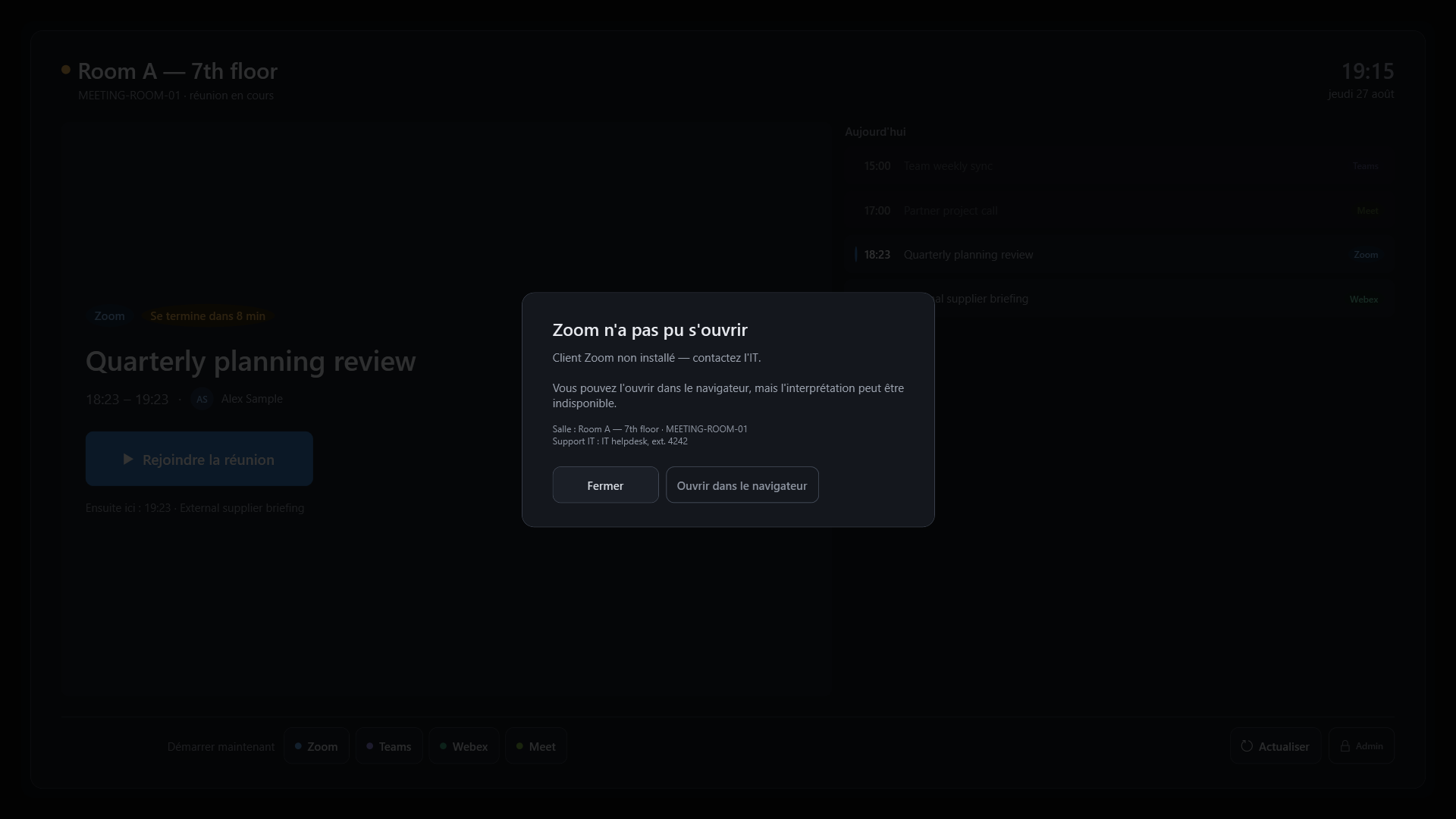 Message de RoomStart : le client Zoom n'est pas installé, avec le contact du support et un repli navigateur explicite.